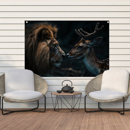 Leeuw en hert in een donker bos tuinposter