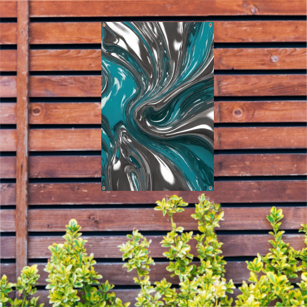 Dynamische turquoise zilveren abstracte werveling tuinposter