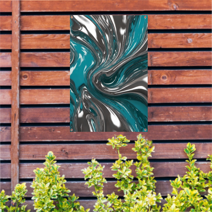 Dynamische turquoise zilveren abstracte werveling tuinposter