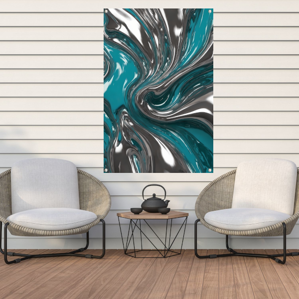 Dynamische turquoise zilveren abstracte werveling tuinposter