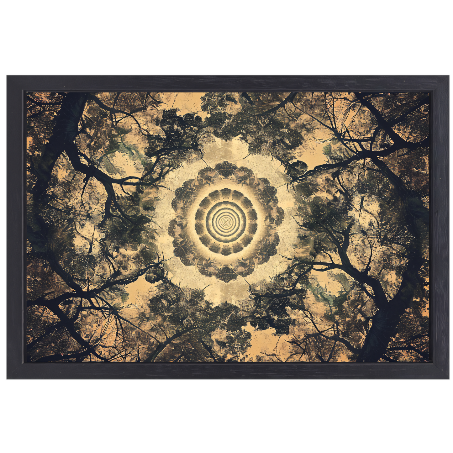 Bomenspiraal in caleidoscoop canvas met baklijst