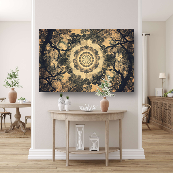 Bomenspiraal in caleidoscoop canvas met baklijst