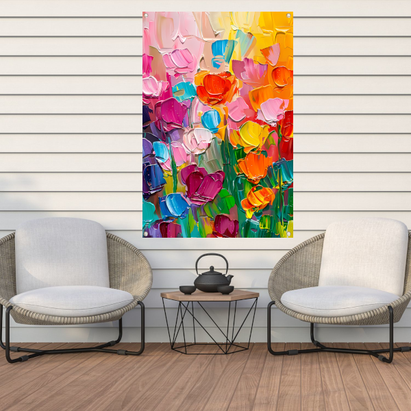 Abstract kleurrijk bloemenveld schilderij voor interieur tuinposter