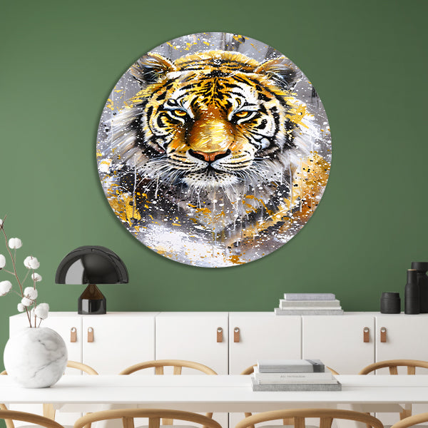 Surrealistische tijger met dynamische kleuren aluminium muurcirkel