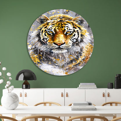 Surrealistische tijger met dynamische kleuren aluminium muurcirkel