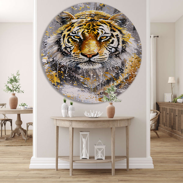 Surrealistische tijger met dynamische kleuren aluminium muurcirkel