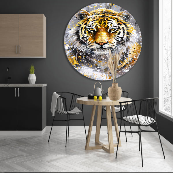 Surrealistische tijger met dynamische kleuren aluminium muurcirkel