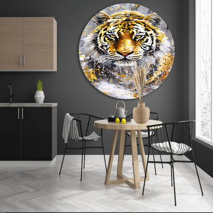 Surrealistische tijger met dynamische kleuren aluminium muurcirkel