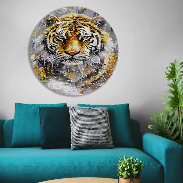Surrealistische tijger met dynamische kleuren aluminium muurcirkel