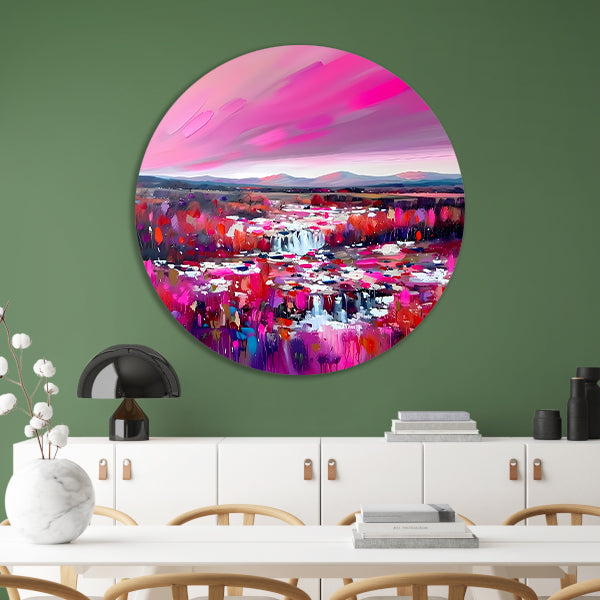 Kleurrijke abstracte waterval met levendig landschap forex muurcirkel