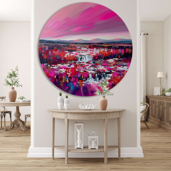 Kleurrijke abstracte waterval met levendig landschap forex muurcirkel