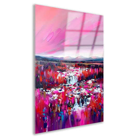 Kleurrijke abstracte waterval met levendig landschap acrylglas