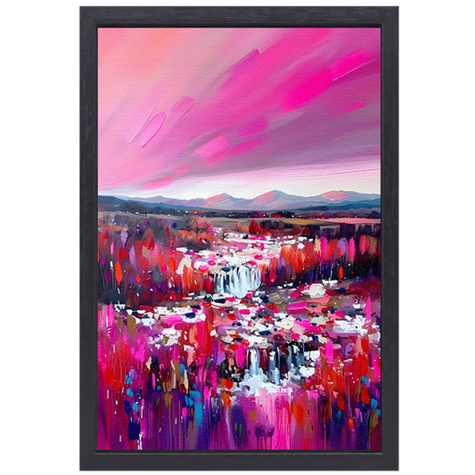 Kleurrijke abstracte waterval met levendig landschap canvas met baklijst