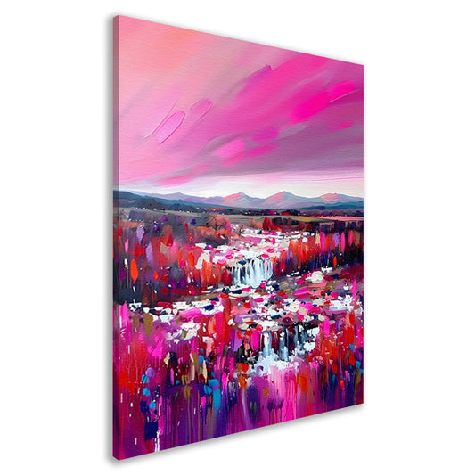 Kleurrijke abstracte waterval met levendig landschap canvas