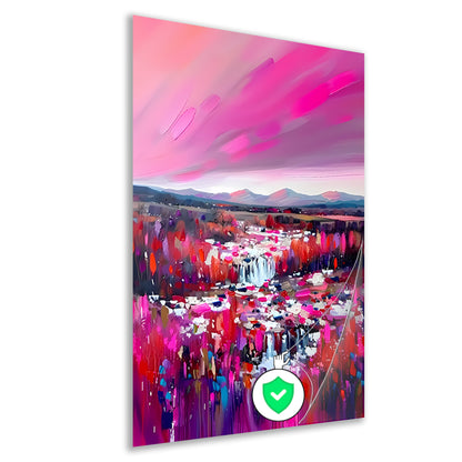 Kleurrijke abstracte waterval met levendig landschap poster