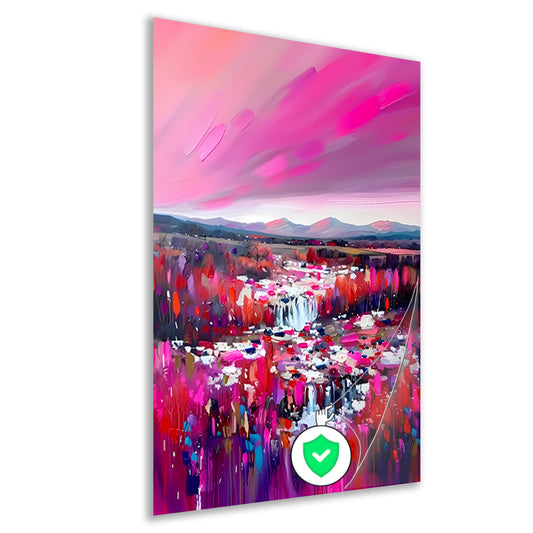 Kleurrijke abstracte waterval met levendig landschap poster
