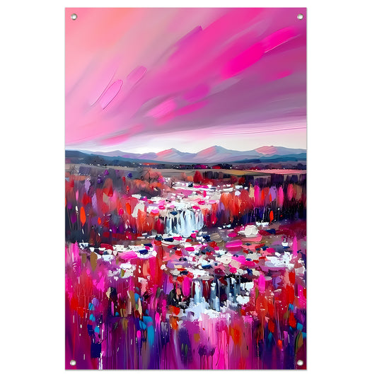 Kleurrijke abstracte waterval met levendig landschap tuinposter