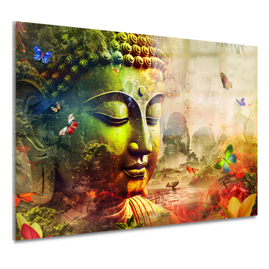 Harmonieuze Boeddha met natuur en vlinders acrylglas