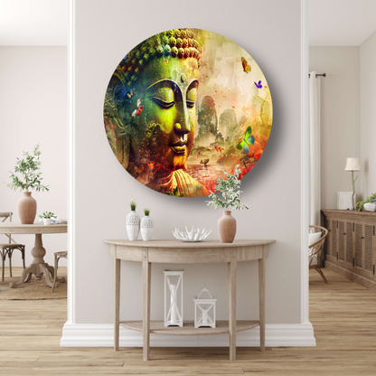 Harmonieuze Boeddha met natuur en vlinders aluminium muurcirkel