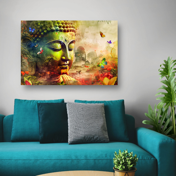 Harmonieuze Boeddha met natuur en vlinders canvas