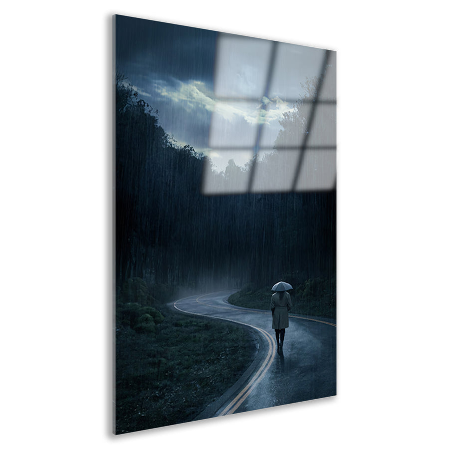 Eenzame wandeling door een regenachtig bos acrylglas