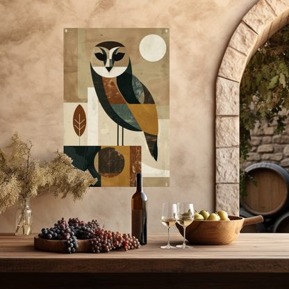 Stijlvolle Art Deco Uil met Maan op Achtergrond tuinposter