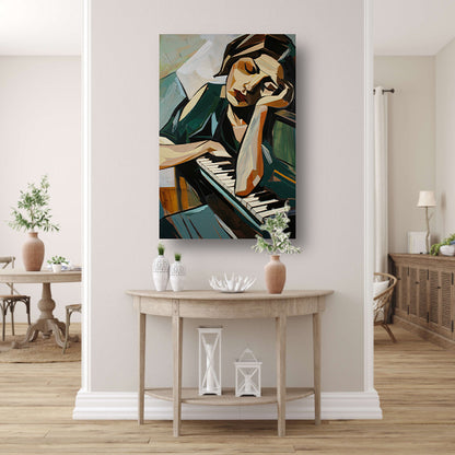 Vrouw verdiept in muziek bij piano poster