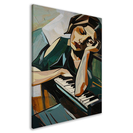 Vrouw verdiept in muziek bij piano canvas