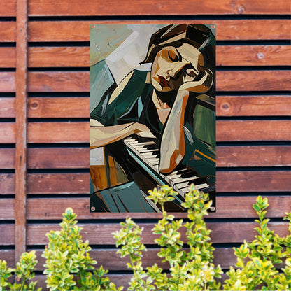 Vrouw verdiept in muziek bij piano tuinposter