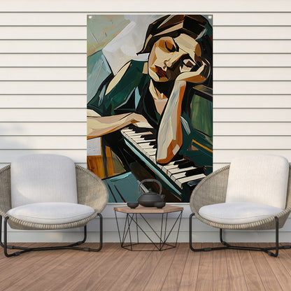 Vrouw verdiept in muziek bij piano tuinposter