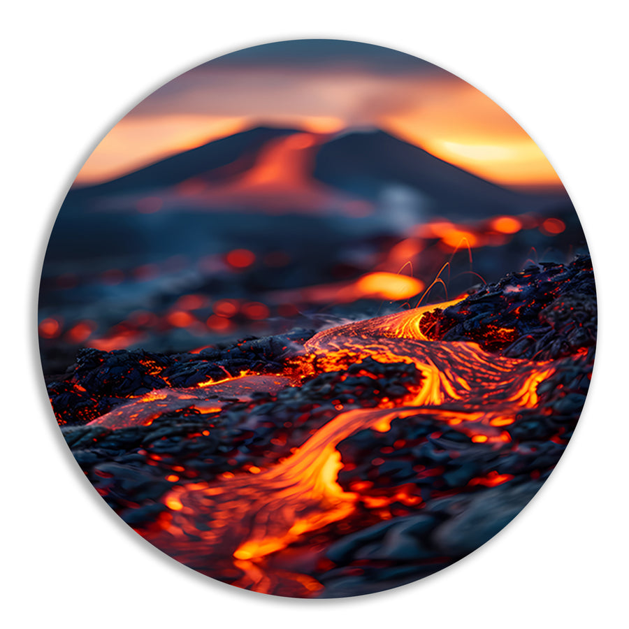 Gloeiende Lavastromen in Vulkanisch Landschap aluminium muurcirkel