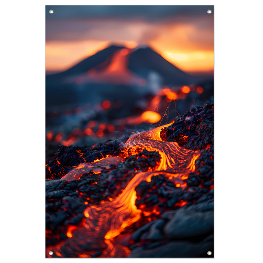 Gloeiende Lavastromen in Vulkanisch Landschap tuinposter