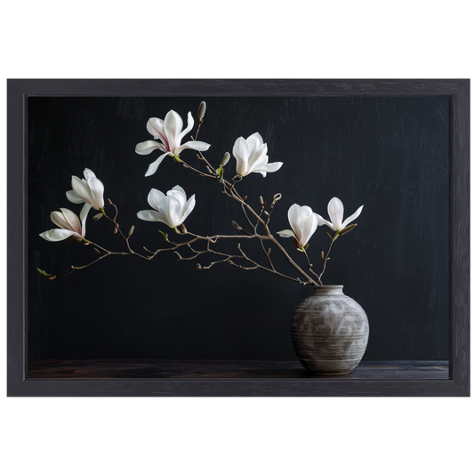 Magnolia Bloemen in Rustieke Grijze Vaas canvas met baklijst