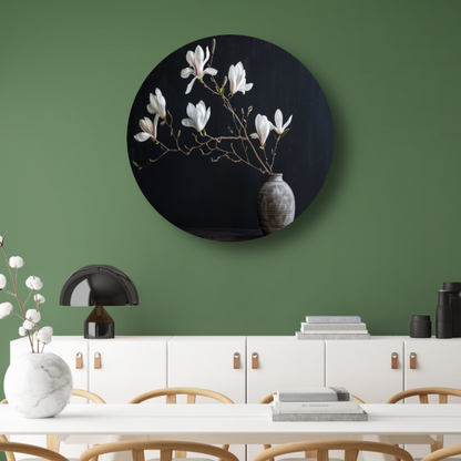 Magnolia Bloemen in Rustieke Grijze Vaas aluminium muurcirkel