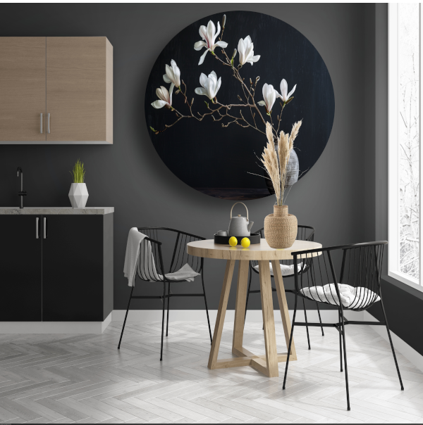 Magnolia Bloemen in Rustieke Grijze Vaas aluminium muurcirkel