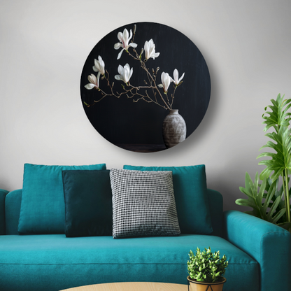 Magnolia Bloemen in Rustieke Grijze Vaas aluminium muurcirkel