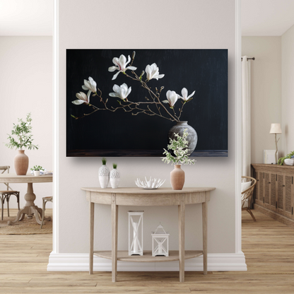Magnolia Bloemen in Rustieke Grijze Vaas canvas met baklijst
