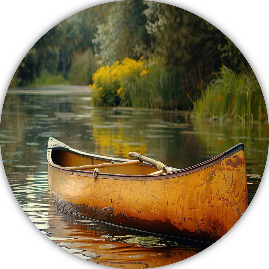 Impressionistische kano op stille rivier aluminium muurcirkel
