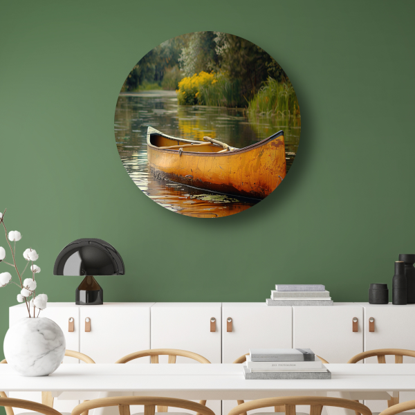 Impressionistische kano op stille rivier aluminium muurcirkel