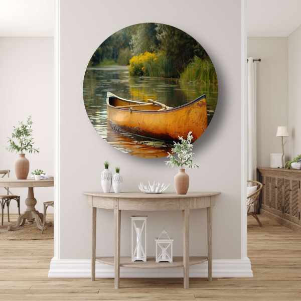 Impressionistische kano op stille rivier aluminium muurcirkel
