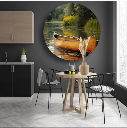 Impressionistische kano op stille rivier aluminium muurcirkel