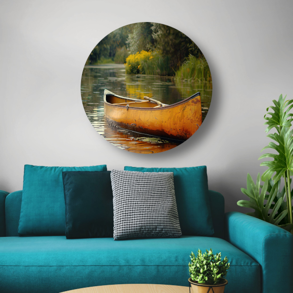 Impressionistische kano op stille rivier aluminium muurcirkel