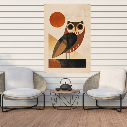 Gestileerde uil in art deco stijl met zon tuinposter