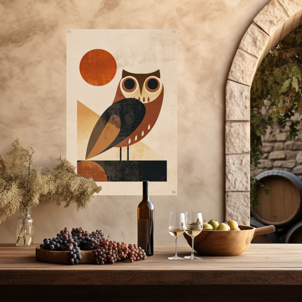 Gestileerde uil in art deco stijl met zon tuinposter