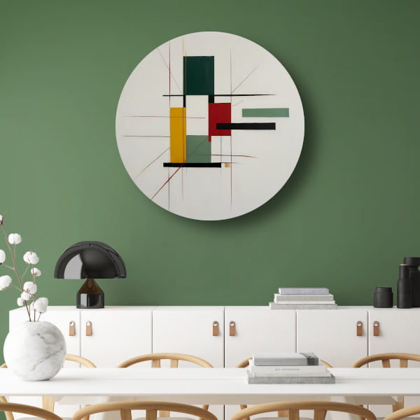 Abstracte primaire kleuren en strakke lijnen aluminium muurcirkel