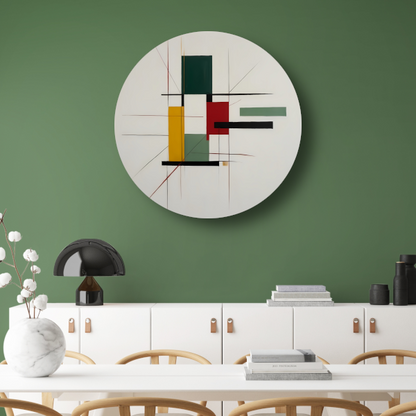 Abstracte primaire kleuren en strakke lijnen aluminium muurcirkel