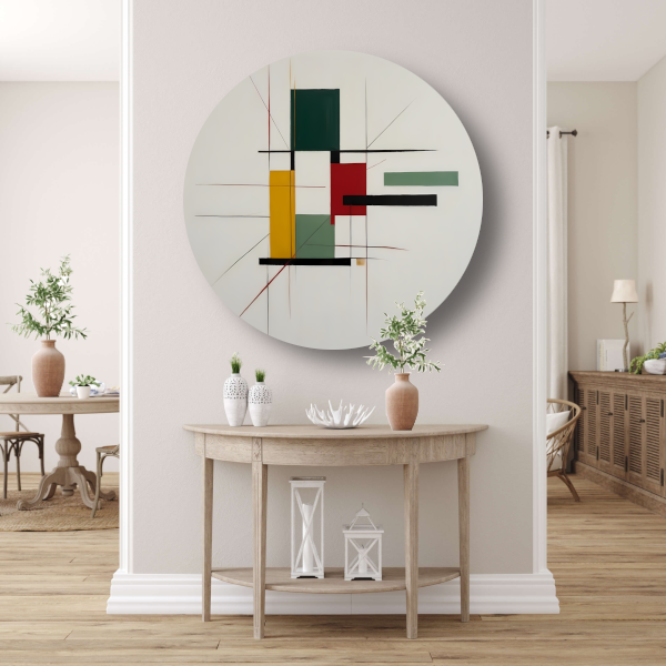 Abstracte primaire kleuren en strakke lijnen aluminium muurcirkel