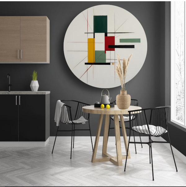 Abstracte primaire kleuren en strakke lijnen aluminium muurcirkel