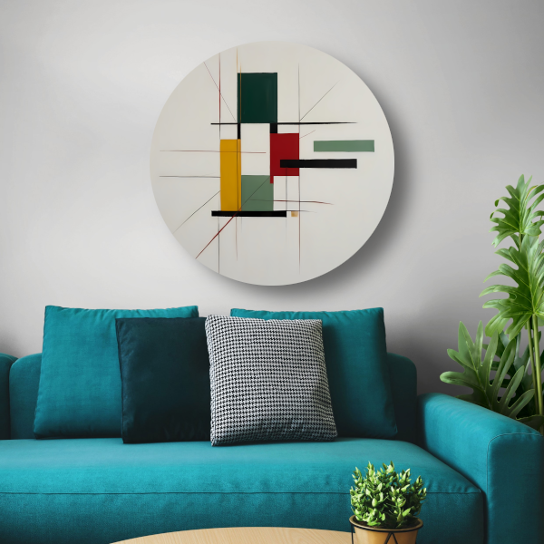 Abstracte primaire kleuren en strakke lijnen aluminium muurcirkel