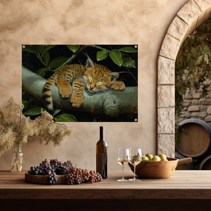 Slapende wilde kat op boomtak tuinposter